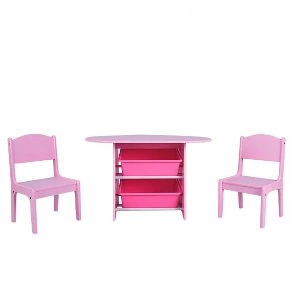 Ensemble Table et 2 Chaises pour Enfants avec 2 Bacs de Rangement en Bois Table 80x48x48cm Chaise 26x24x50cm Rose