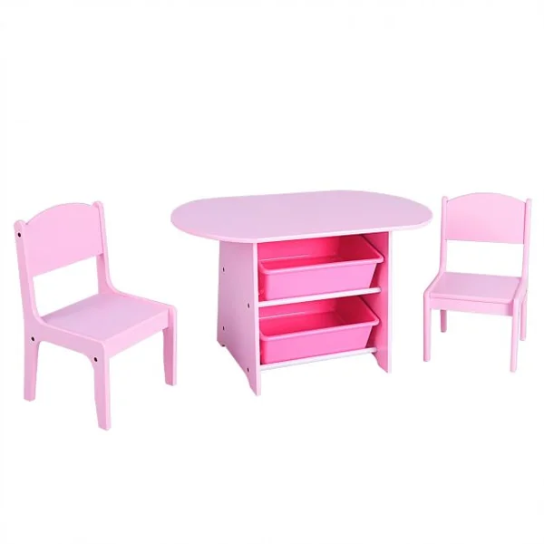 Ensemble Table et 2 Chaises pour Enfants avec 2 Bacs de Rangement en Bois Table 80x48x48cm Chaise 26x24x50cm Rose