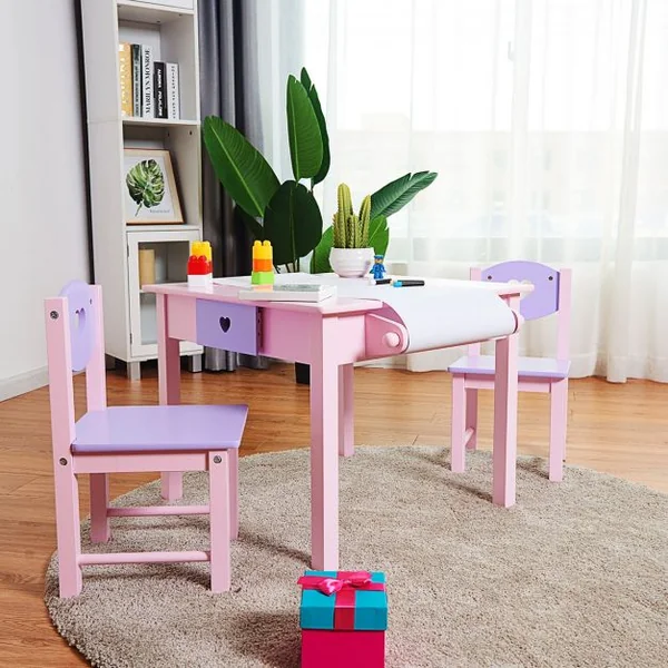 Ensemble Table et 2 Chaises pour Enfants Table avec Rouleau de Papier à Dessin en Bois 80x48x48cm Rose+Violet
