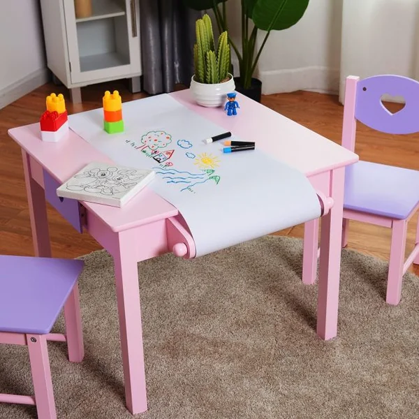 Ensemble Table et 2 Chaises pour Enfants Table avec Rouleau de Papier à Dessin en Bois 80x48x48cm Rose+Violet