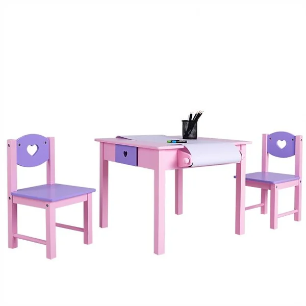 Ensemble Table et 2 Chaises pour Enfants Table avec Rouleau de Papier à Dessin en Bois 80x48x48cm Rose+Violet