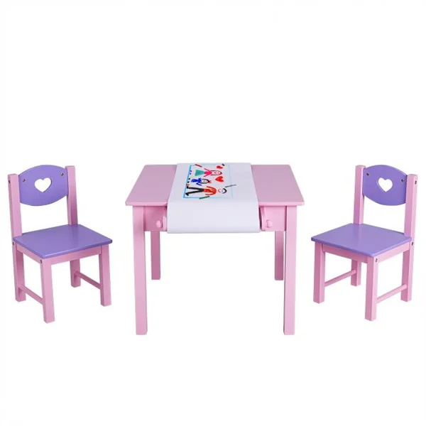 Ensemble Table et 2 Chaises pour Enfants Table avec Rouleau de Papier à Dessin en Bois 80x48x48cm Rose+Violet