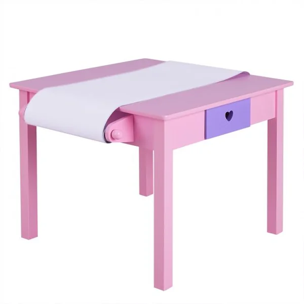 Ensemble Table et 2 Chaises pour Enfants Table avec Rouleau de Papier à Dessin en Bois 80x48x48cm Rose+Violet