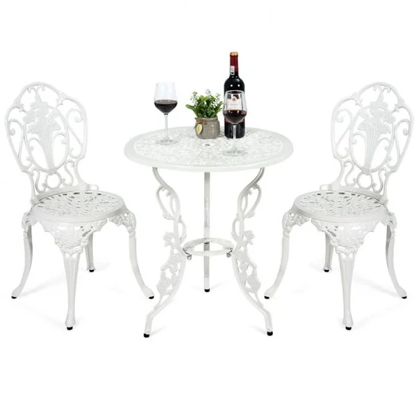 Ensemble Table et 2 Chaises pour Jardin en Aluminium en Forme de Rose Blanc Résistant aux Intempéries