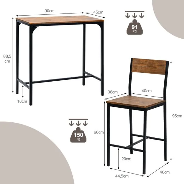 Ensemble Table et 2 Chaises Table de Bar avec Tabouret Industriel Mange-debout Hauteur 88,5 cm avec Cadre en Métal