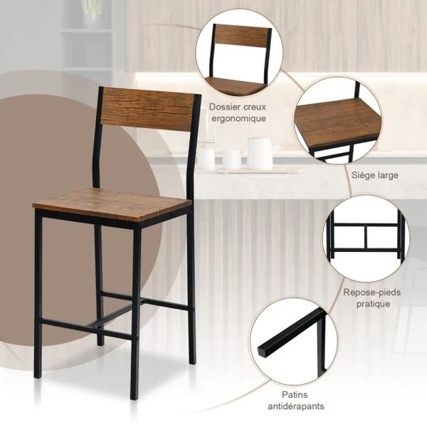 Ensemble Table et 2 Chaises Table de Bar avec Tabouret Industriel Mange-debout Hauteur 88,5 cm avec Cadre en Métal