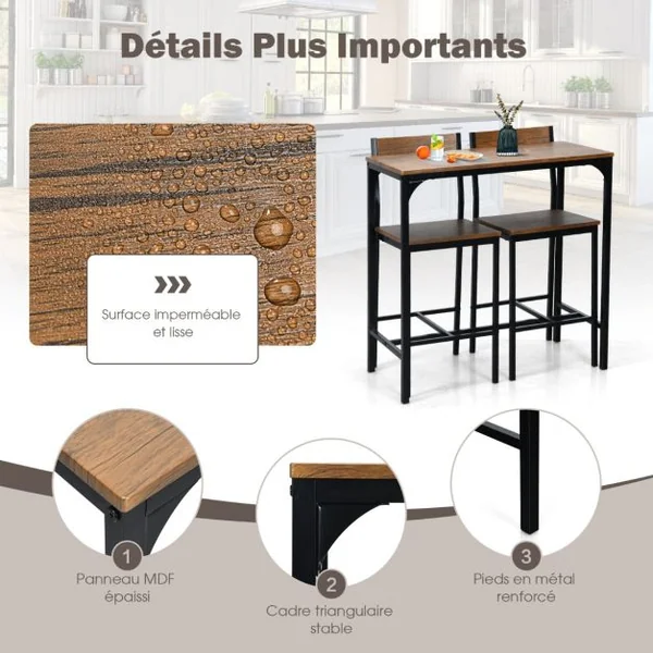 Ensemble Table et 2 Chaises Table de Bar avec Tabouret Industriel Mange-debout Hauteur 88,5 cm avec Cadre en Métal