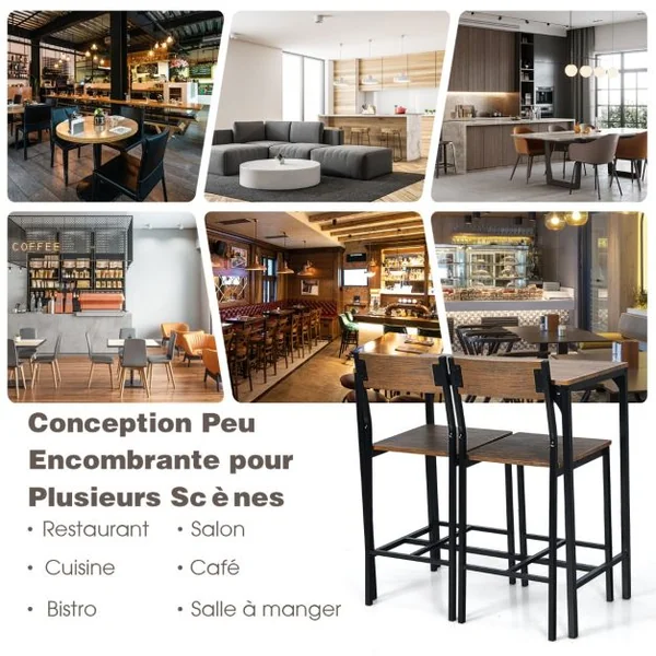 Ensemble Table et 2 Chaises Table de Bar avec Tabouret Industriel Mange-debout Hauteur 88,5 cm avec Cadre en Métal