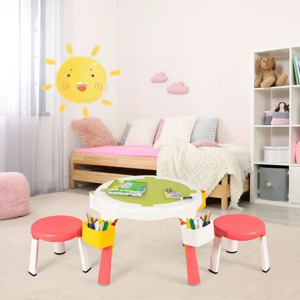 Ensemble Table et 2 Tabourets pour Enfants Multi-Usage Capacité 100 kg en ABS Table 51x30-43cm Tabouret 25x22cm Rose