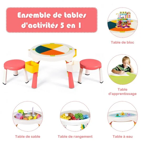 Ensemble Table et 2 Tabourets pour Enfants Multi-Usage Capacité 100 kg en ABS Table 51x30-43cm Tabouret 25x22cm Rose