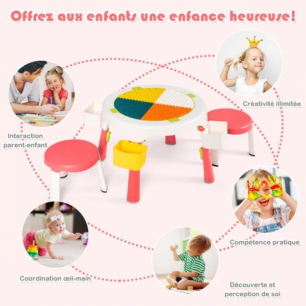 Ensemble Table et 2 Tabourets pour Enfants Multi-Usage Capacité 100 kg en ABS Table 51x30-43cm Tabouret 25x22cm Rose