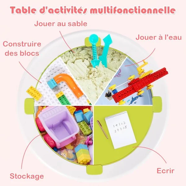 Ensemble Table et 2 Tabourets pour Enfants Multi-Usage Capacité 100 kg en ABS Table 51x30-43cm Tabouret 25x22cm Rose