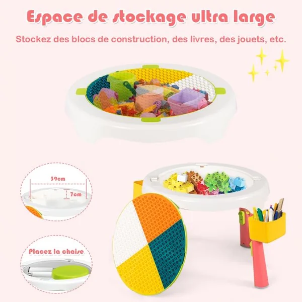 Ensemble Table et 2 Tabourets pour Enfants Multi-Usage Capacité 100 kg en ABS Table 51x30-43cm Tabouret 25x22cm Rose