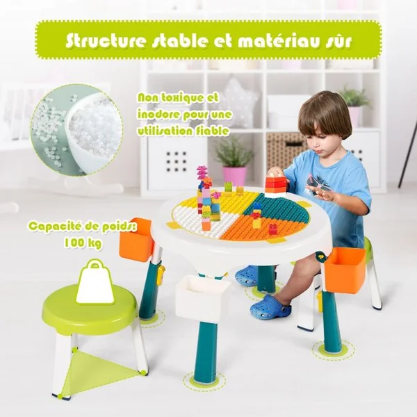 Ensemble Table et 2 Tabourets pour Enfants Multi-Usage Capacité 100 kg en ABS Table 51x30-43cm Tabouret 25x22cm Vert