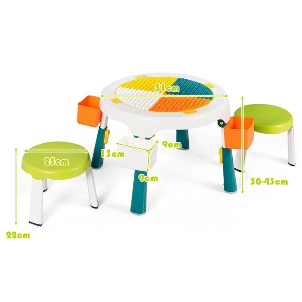Ensemble Table et 2 Tabourets pour Enfants Multi-Usage Capacité 100 kg en ABS Table 51x30-43cm Tabouret 25x22cm Vert