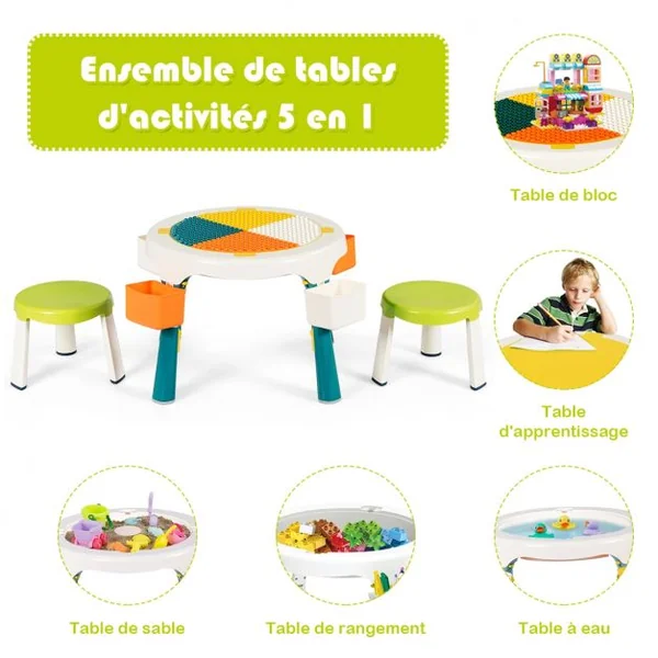 Ensemble Table et 2 Tabourets pour Enfants Multi-Usage Capacité 100 kg en ABS Table 51x30-43cm Tabouret 25x22cm Vert
