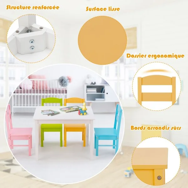 Ensemble Table et 4 Chaises pour Enfants Table Blanche et Chaises de 4 Couleurs Différentes en Bois de Pin Mdf