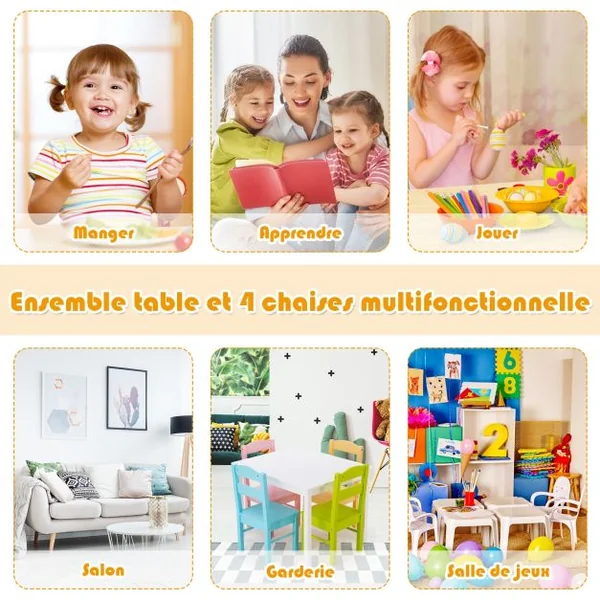 Ensemble Table et 4 Chaises pour Enfants Table Blanche et Chaises de 4 Couleurs Différentes en Bois de Pin Mdf
