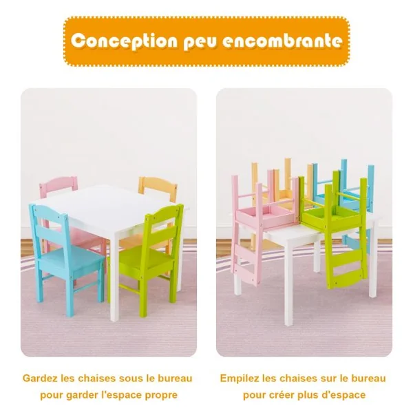 Ensemble Table et 4 Chaises pour Enfants Table Blanche et Chaises de 4 Couleurs Différentes en Bois de Pin Mdf