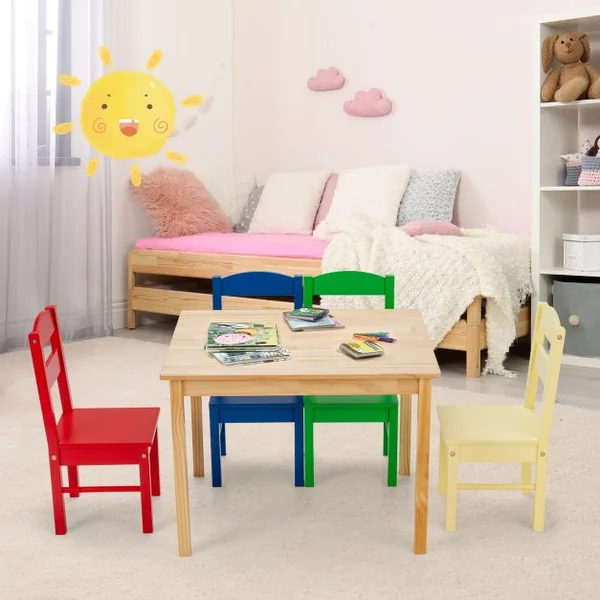 Ensemble Table et 4 Chaises pour Enfants Table Couleur Naturel et Chaises de 4 Couleurs Différentes en Bois de Pin Mdf