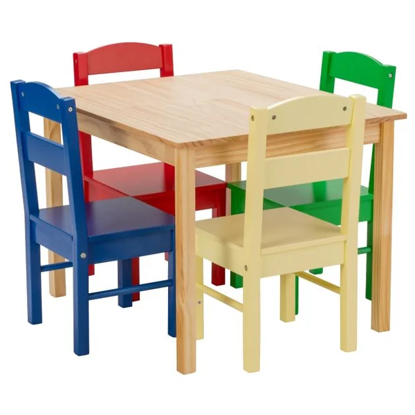 Ensemble Table et 4 Chaises pour Enfants Table Couleur Naturel et Chaises de 4 Couleurs Différentes en Bois de Pin Mdf