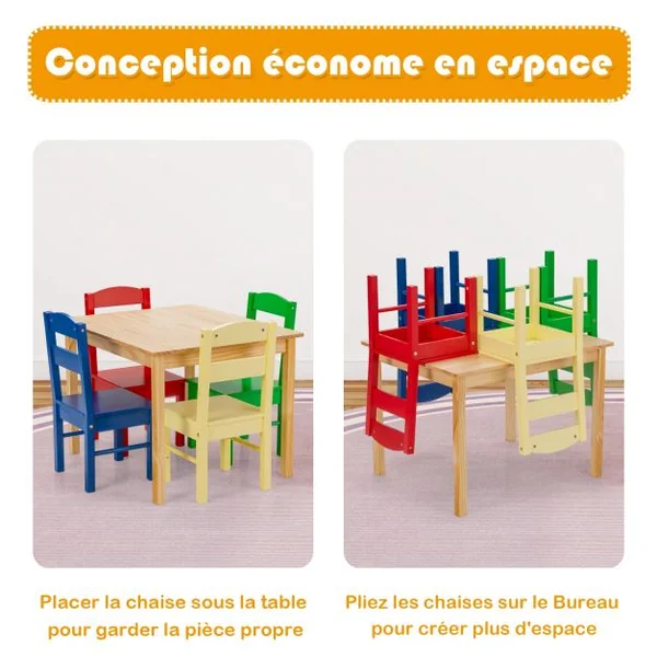 Ensemble Table et 4 Chaises pour Enfants Table Couleur Naturel et Chaises de 4 Couleurs Différentes en Bois de Pin Mdf
