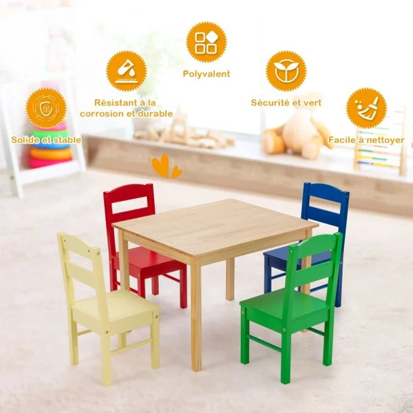 Ensemble Table et 4 Chaises pour Enfants Table Couleur Naturel et Chaises de 4 Couleurs Différentes en Bois de Pin Mdf