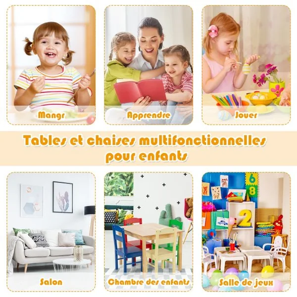 Ensemble Table et 4 Chaises pour Enfants Table Couleur Naturel et Chaises de 4 Couleurs Différentes en Bois de Pin Mdf