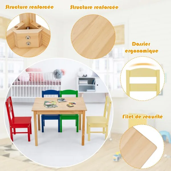 Ensemble Table et 4 Chaises pour Enfants Table Couleur Naturel et Chaises de 4 Couleurs Différentes en Bois de Pin Mdf