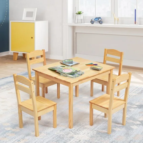 Ensemble Table et 4 Chaises pour Enfants Table et Chaises Adaptées Aux Enfants en Bois de Pin Mdf Naturel