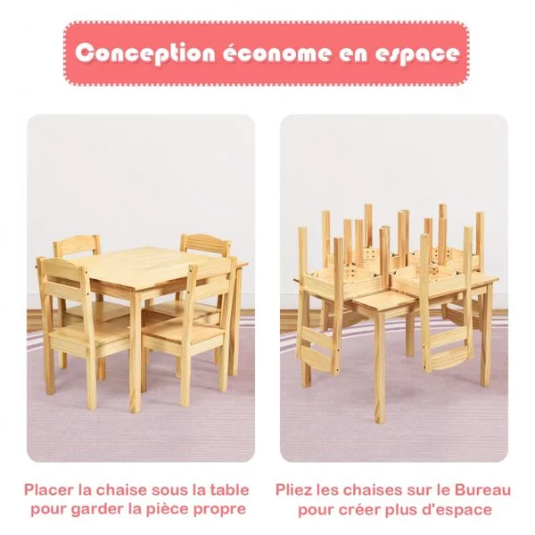 Ensemble Table et 4 Chaises pour Enfants Table et Chaises Adaptées Aux Enfants en Bois de Pin Mdf Naturel