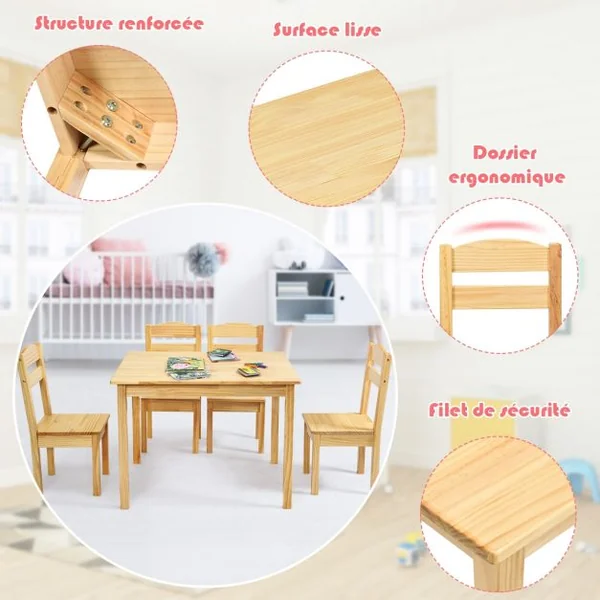Ensemble Table et 4 Chaises pour Enfants Table et Chaises Adaptées Aux Enfants en Bois de Pin Mdf Naturel