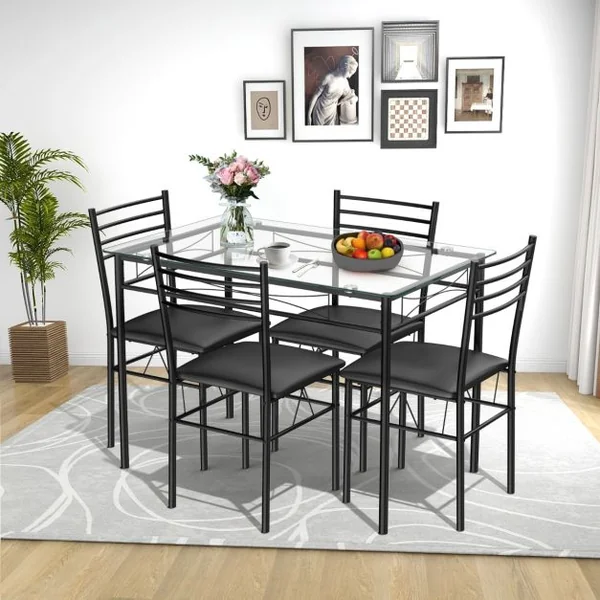 Ensemble Table et 4 Chaises pour Salle à Manger Sièges Rembourrées Cadre en Métal Noir