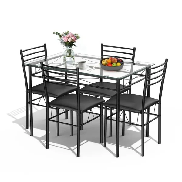 Ensemble Table et 4 Chaises pour Salle à Manger Sièges Rembourrées Cadre en Métal Noir