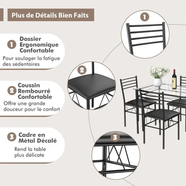 Ensemble Table et 4 Chaises pour Salle à Manger Sièges Rembourrées Cadre en Métal Noir