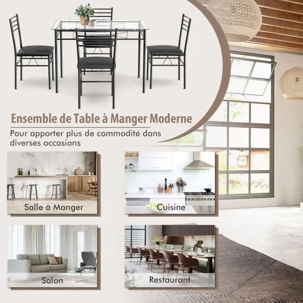 Ensemble Table et 4 Chaises pour Salle à Manger Sièges Rembourrées Cadre en Métal Noir