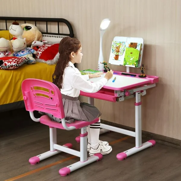 Ensemble Table et Chaise avec Lampe pour Enfant Hauteur Réglable Plateau Inclinable Capacité chaise 80kg, Bleu/Gris/Rose
