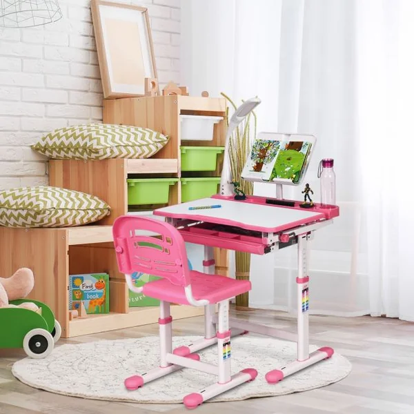 Ensemble Table et Chaise avec Lampe pour Enfant Hauteur Réglable Plateau Inclinable Capacité chaise 80kg, Bleu/Gris/Rose