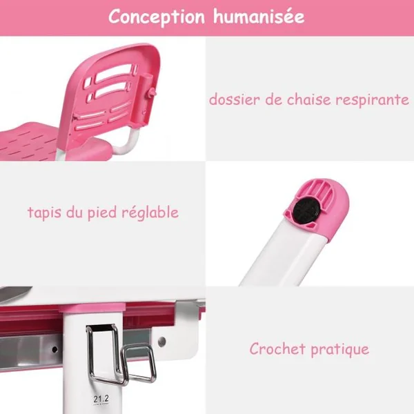 Ensemble Table et Chaise avec Lampe pour Enfant Hauteur Réglable Plateau Inclinable Capacité chaise 80kg, Bleu/Gris/Rose