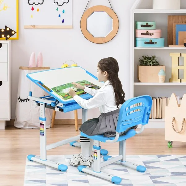 Ensemble table et chaise pour enfant Réglable en Hauteur avec Tiroir Inclinable, en MDF+PP, Facile à Nettoyer, Bleu