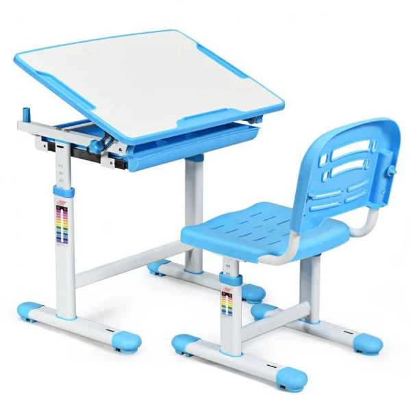 Ensemble table et chaise pour enfant Réglable en Hauteur avec Tiroir Inclinable, en MDF+PP, Facile à Nettoyer, Bleu