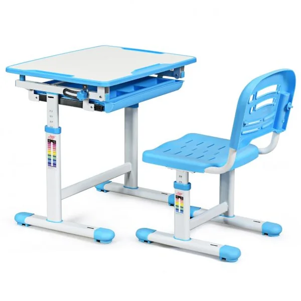 Ensemble table et chaise pour enfant Réglable en Hauteur avec Tiroir Inclinable, en MDF+PP, Facile à Nettoyer, Bleu
