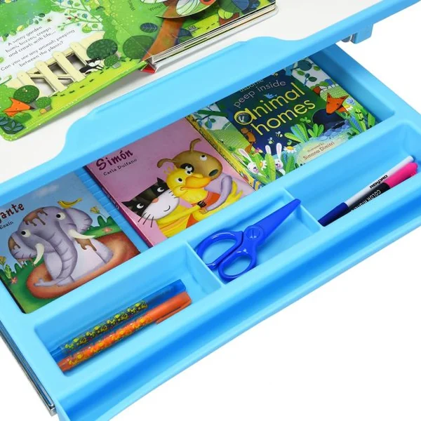 Ensemble table et chaise pour enfant Réglable en Hauteur avec Tiroir Inclinable, en MDF+PP, Facile à Nettoyer, Bleu
