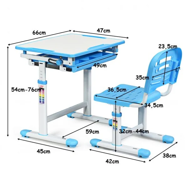 Ensemble table et chaise pour enfant Réglable en Hauteur avec Tiroir Inclinable, en MDF+PP, Facile à Nettoyer, Bleu