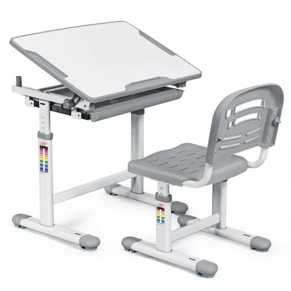 Ensemble table et chaise pour enfant Réglable en Hauteur avec Tiroir Inclinable, en MDF+PP, Facile à Nettoyer, Gris