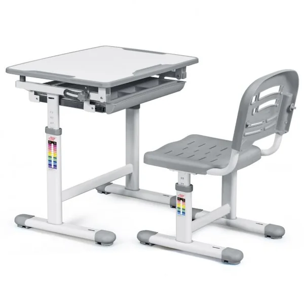Ensemble table et chaise pour enfant Réglable en Hauteur avec Tiroir Inclinable, en MDF+PP, Facile à Nettoyer, Gris