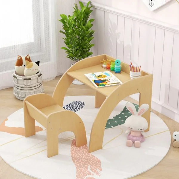 Ensemble Table et Chaise pour Enfants Mignon Ensemble Table et Chaise d'Activité avec Grand Plateau Bords Arrondis Naturel/Blanc