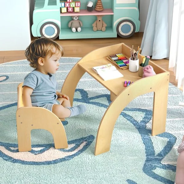 Ensemble Table et Chaise pour Enfants Mignon Ensemble Table et Chaise d'Activité avec Grand Plateau Bords Arrondis Naturel/Blanc