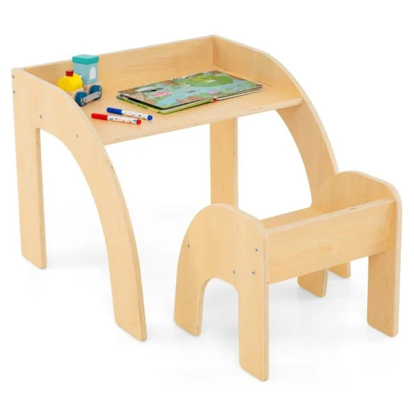 Ensemble Table et Chaise pour Enfants Mignon Ensemble Table et Chaise d'Activité avec Grand Plateau Bords Arrondis Naturel/Blanc