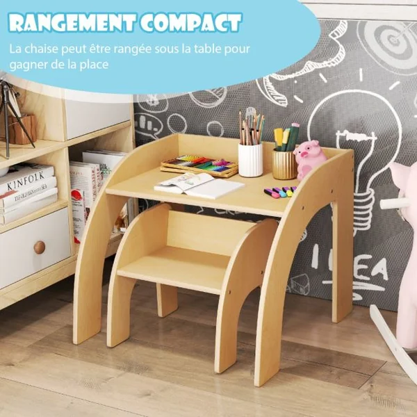 Ensemble Table et Chaise pour Enfants Mignon Ensemble Table et Chaise d'Activité avec Grand Plateau Bords Arrondis Naturel/Blanc